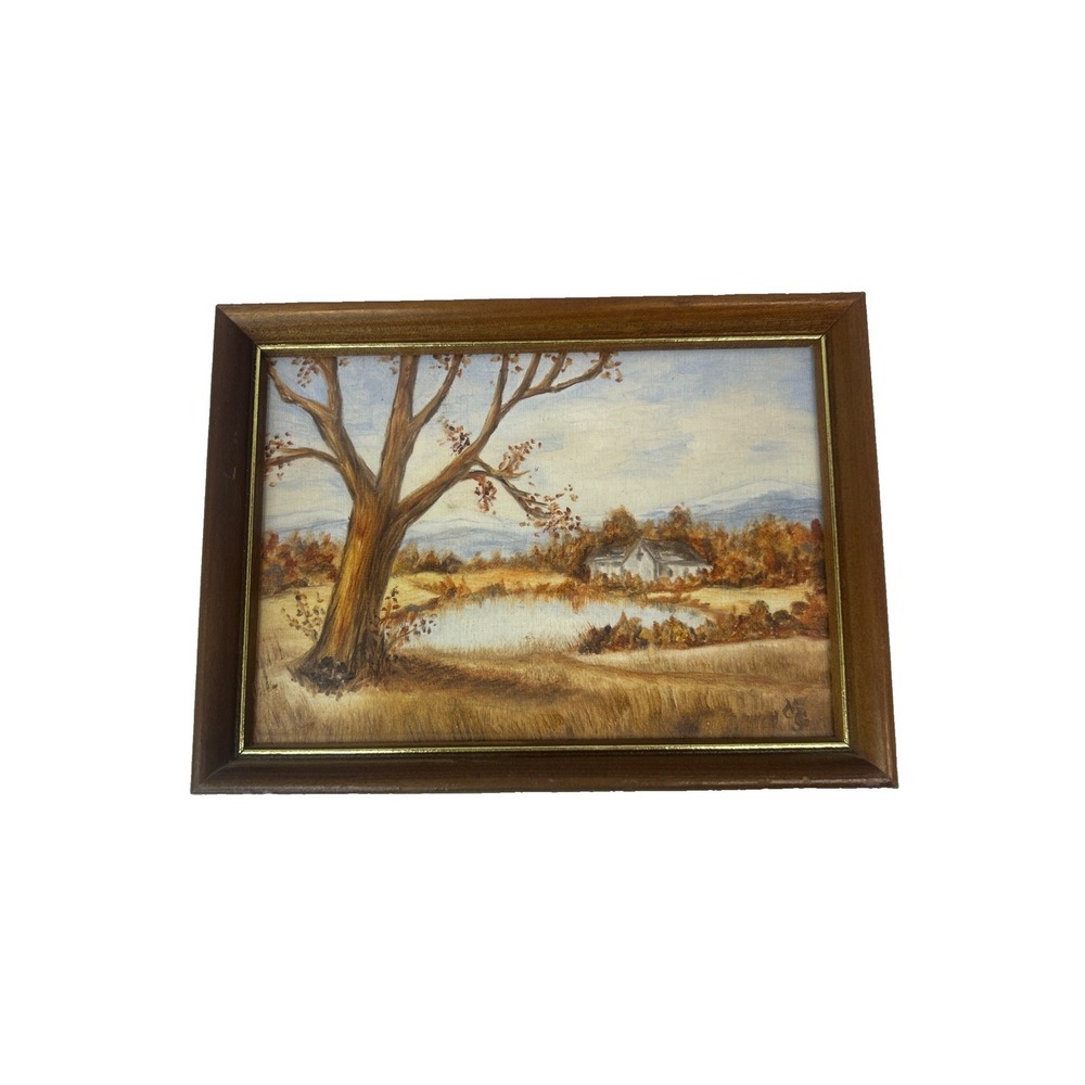 Vintage Original Oil Painting Autumn Landscape Cottage Pond Signed MG Framed 8x6